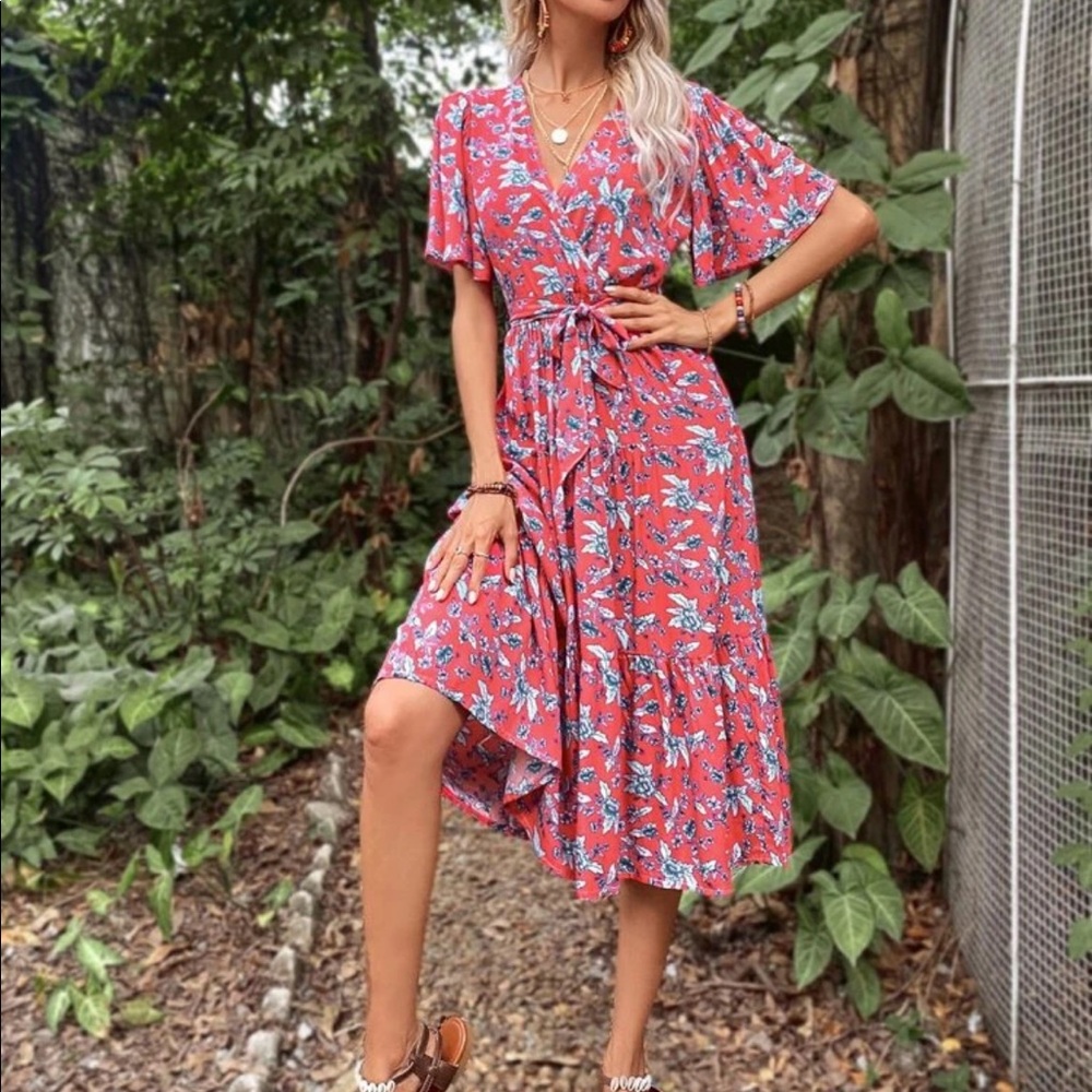 Boho floral ruffle hem belted dress - Picture 11 of 14